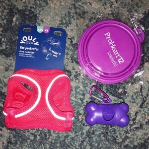 Reflective Harness, Bowl, Poop Bag Dispenser